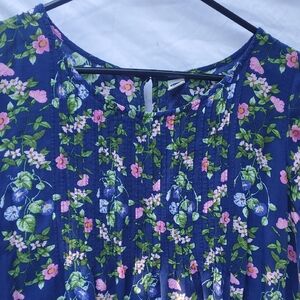 Blue and Pink Pleated Sleeveless Blouse